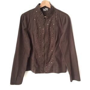 Contrast Front Zip Beaded Long Sleeve Top in Large